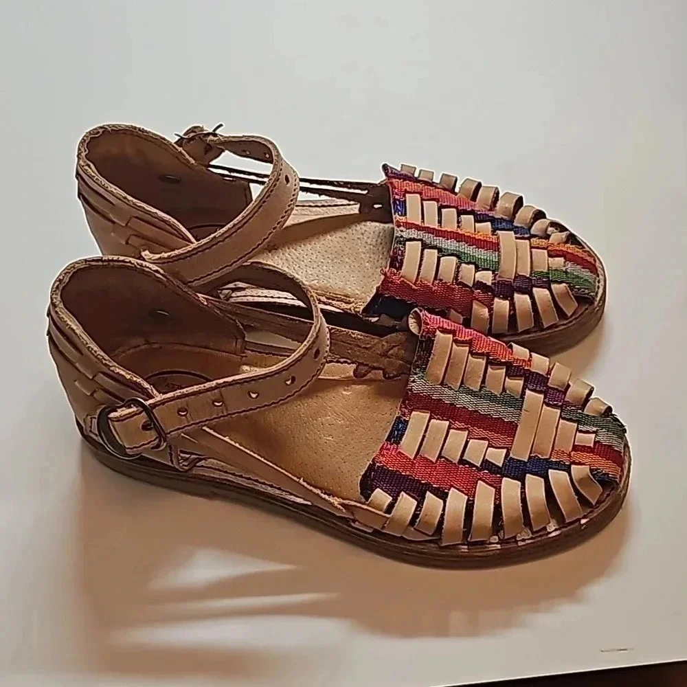 Kids Neutral Leather Huarache Sandals with Multicolor Stripes